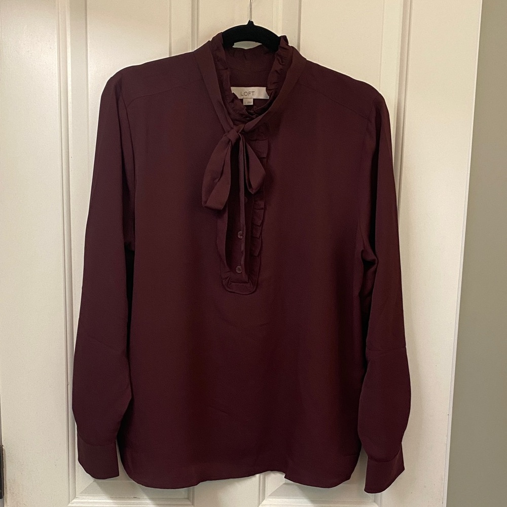 LOFT Women's Deep Burgundy Blouse with Tie Neck